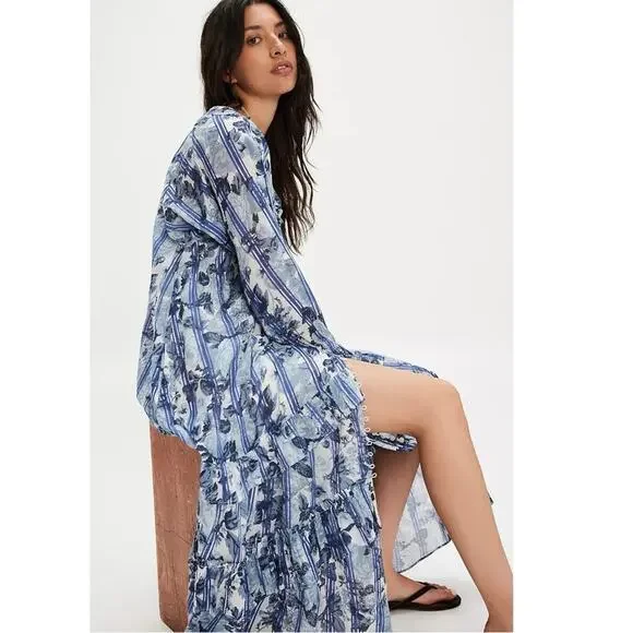 Free People Dainty Ruffle Cottage Garden Wonders Maxi Dress in Blue Combo Large - Picture 4 of 14